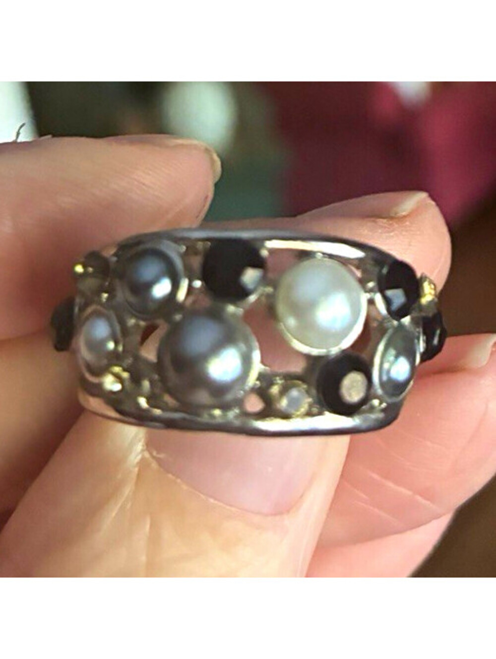 Silver Tone Stackable Band Ring with White Round Pearl Beaded Accents